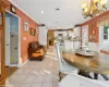 Tiled dining space featuring ornamental molding and  chandelier