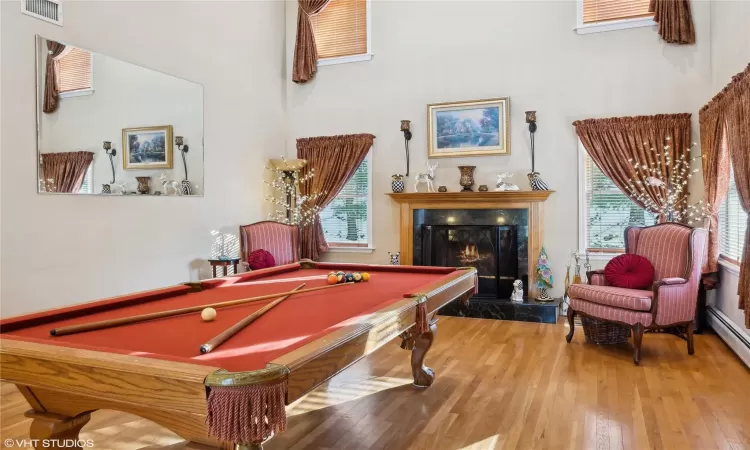 Soaring ceilings and wood fireplace