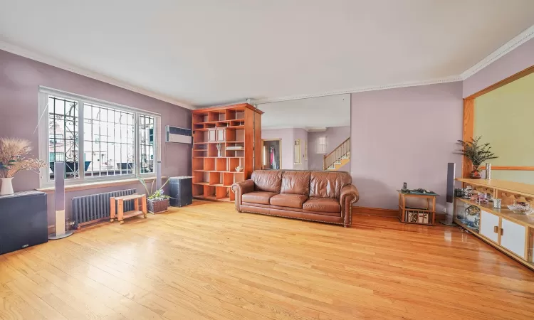 Living room featuring radiator heating unit, ornamental molding, and light hardwood / wood-style flooring