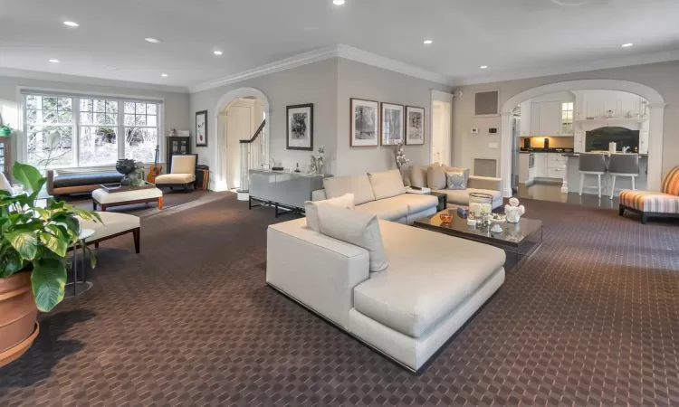 Living room featuring crown molding and dark colored carpet