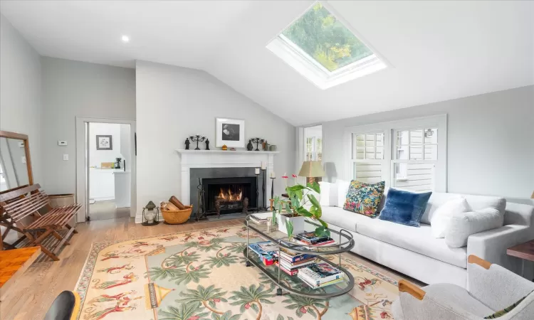 Living room with light wood-type flooring and lofted ceiling with skylight