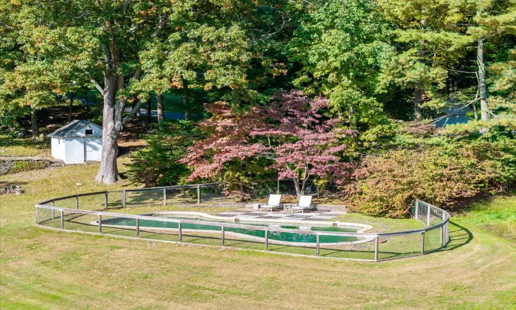 View of pool featuring a lawn and a storage shed