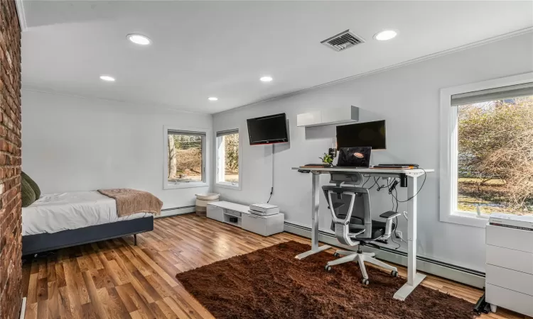 Bedroom with crown molding, hardwood / wood-style floors, and a baseboard radiator