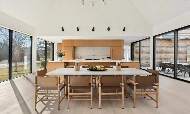 Dining area featuring high vaulted ceiling and light hardwood / wood-style flooring