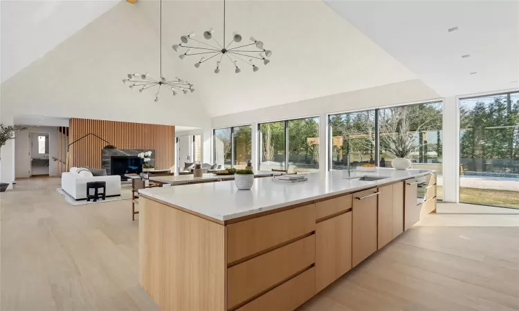 Kitchen featuring sink, light brown cabinetry, a large island with sink, and high vaulted ceiling