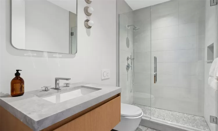 Bathroom featuring toilet, an enclosed shower, and vanity