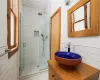 Bathroom featuring vanity and an enclosed shower