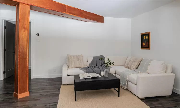 Living room featuring dark wood-type flooring