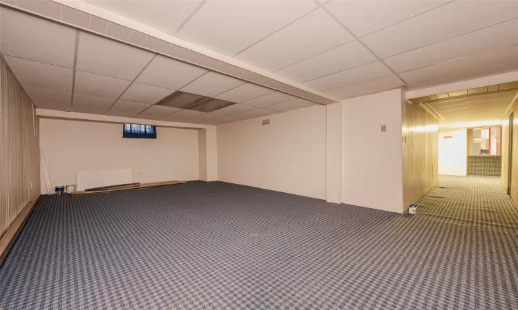 Basement with carpet and wooden walls