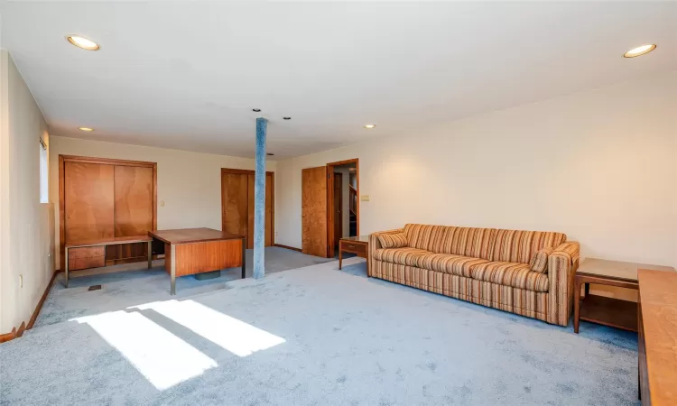 Living room with light colored carpet