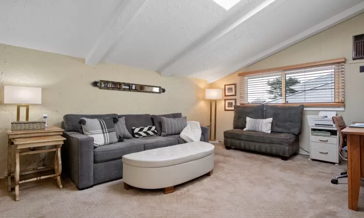 Carpeted living room with a textured ceiling and vaulted ceiling with beams