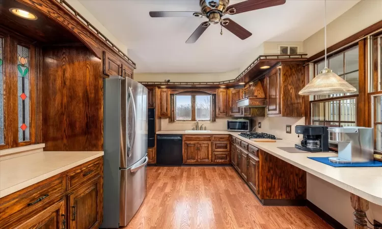 Kitchen featuring appliances with stainless steel finishes, sink, hanging light fixtures, ceiling fan, and light hardwood / wood-style flooring