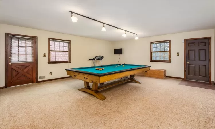 Rec room featuring rail lighting, carpet, and billiards