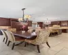 Dining area featuring sink and an inviting chandelier