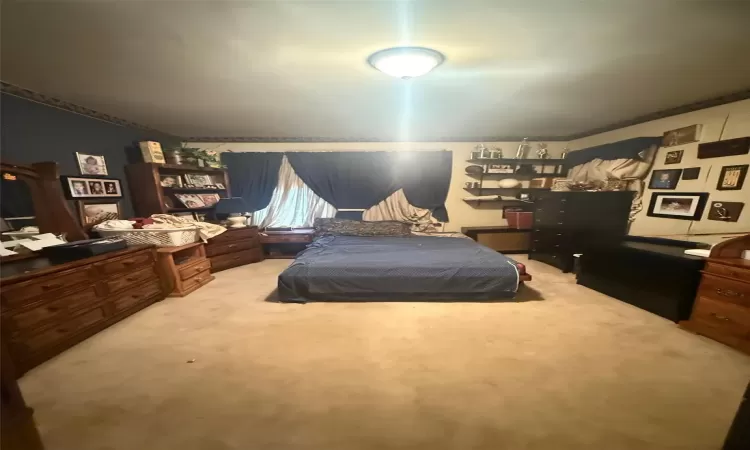 Bedroom featuring light carpet