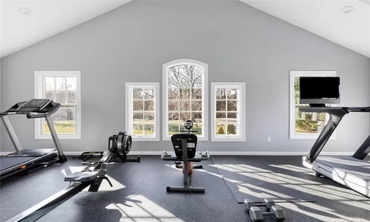 Exercise area featuring high vaulted ceiling