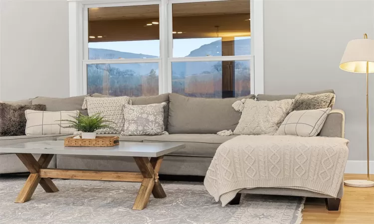 Living room with a mountain view and hardwood / wood-style floors