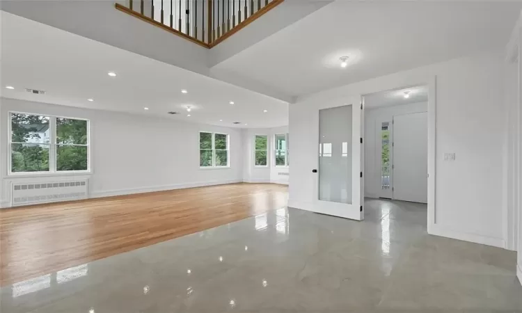 Living room featuring light tile flooring