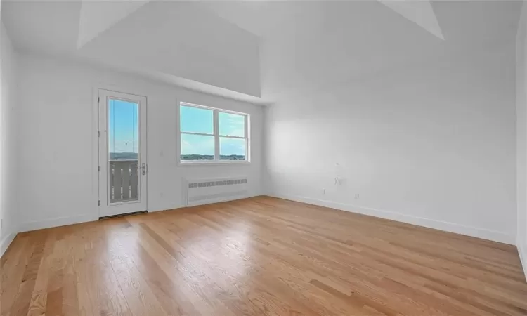 Master bed room featuring high vaulted ceiling, light hardwood / wood-style flooring, and radiator