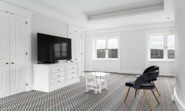 Living room featuring a wealth of natural light, a tray ceiling, and carpet flooring