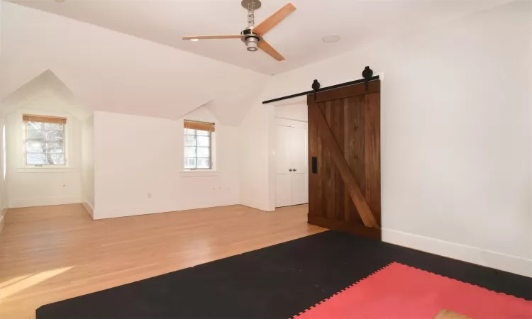 View of patio featuring ceiling fan