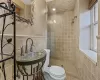 Lower Level Full Bathroom with toilet, tile walls, and tiled shower