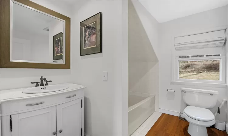 Bathroom featuring toilet, vanity, a bathing tub, and hardwood / wood-style flooring