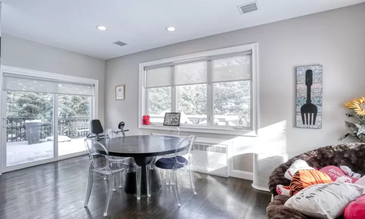 Dining area with radiator heating unit and dark hardwood / wood-style flooring