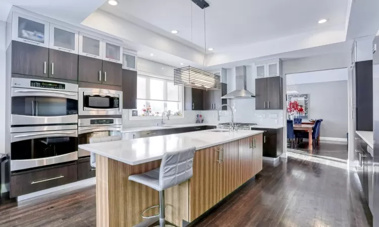 Kitchen with wall chimney range hood, appliances with stainless steel finishes, a raised ceiling, and an island with sink