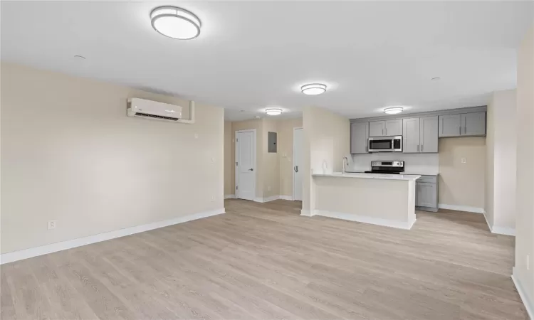 Kitchen with a wall mounted air conditioner, gray cabinets, kitchen peninsula, stainless steel appliances, and light hardwood / wood-style floors