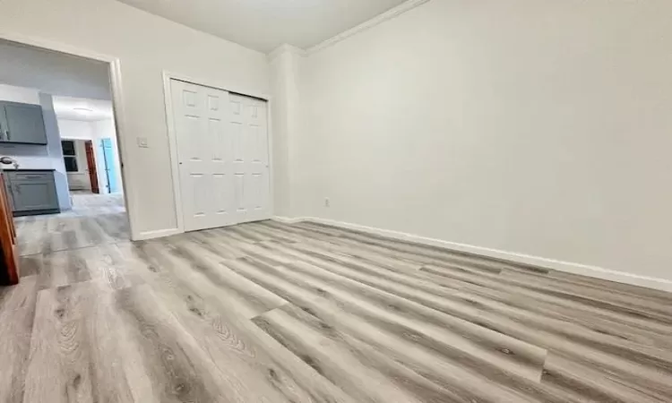 Unfurnished bedroom with ornamental molding, light hardwood / wood-style flooring, and a closet