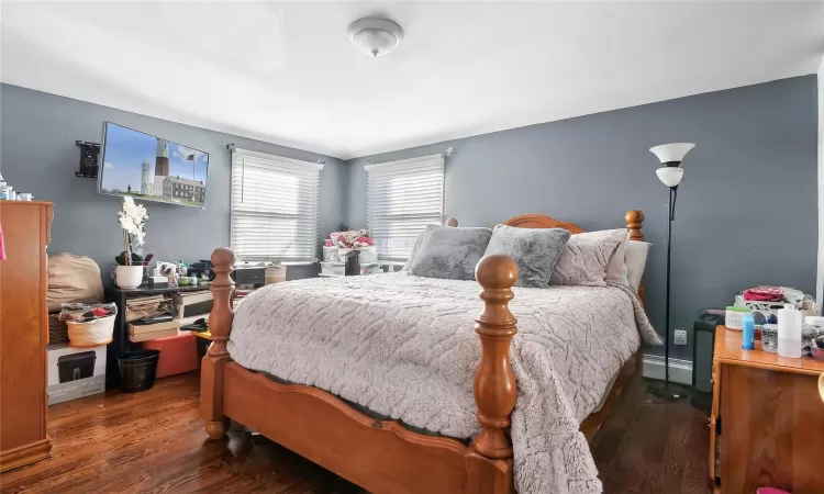 Bedroom featuring dark hardwood / wood-style flooring and baseboard heating