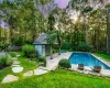 Pool at dusk with an outbuilding, a lawn, and a patio