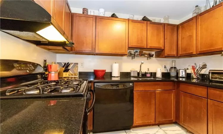 Kitchen with dark stone countertops, sink, and black appliances