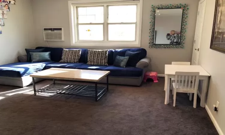 Living room featuring dark colored carpet and a wall mounted AC