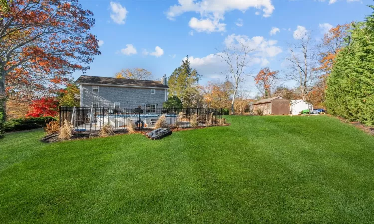 View of yard with an empty pool and a storage shed