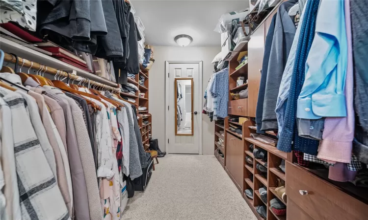 Spacious closet with light carpet