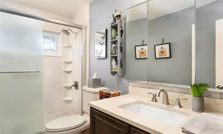 Bathroom with vanity, toilet, and a shower with shower door