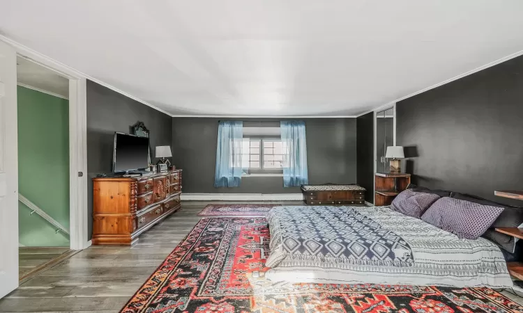 Bedroom with dark wood-type flooring, a baseboard radiator, and ornamental molding