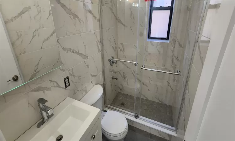 Bathroom with an enclosed shower, vanity, and toilet