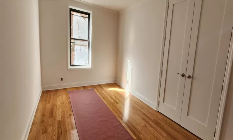 Empty room with ornamental molding and light hardwood / wood-style floors