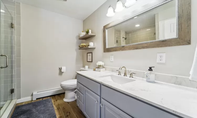 Bathroom with vanity, wood-type flooring, a baseboard radiator, toilet, and walk in shower