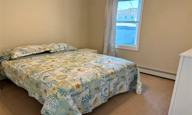 Bedroom with a baseboard radiator, carpet, and multiple windows