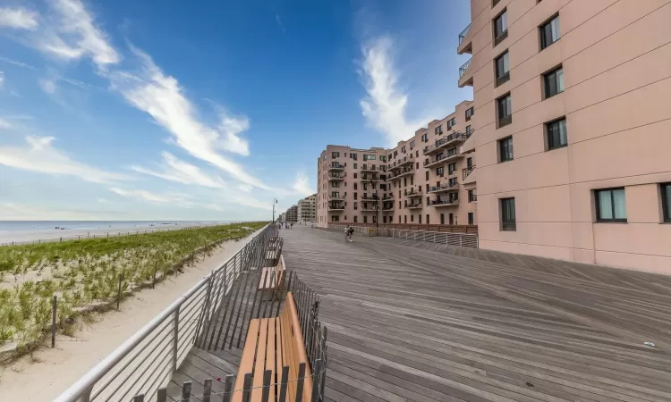 View of community featuring a water view and a view of the beach