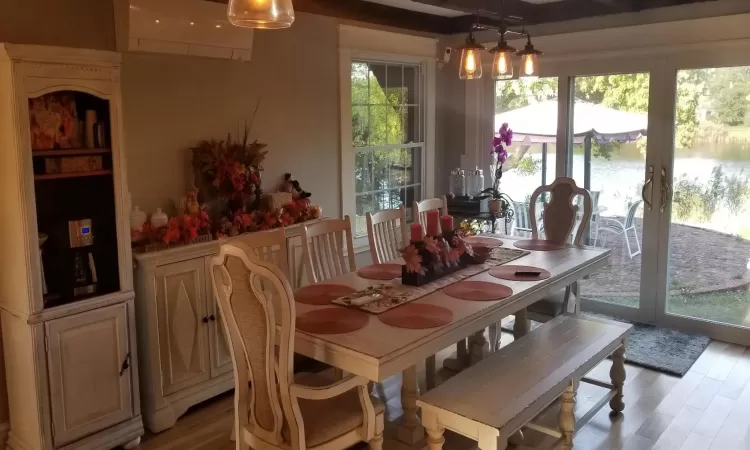 Dining area with a water view