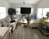 Living room with dark vinyl floors