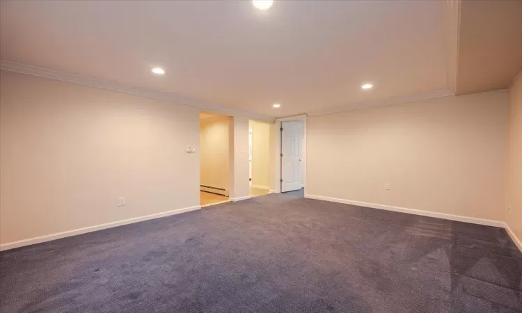 Unfurnished room featuring crown molding, carpet, and a baseboard heating unit