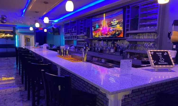 Bar featuring light stone counters and decorative light fixtures