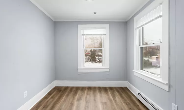 Empty room featuring crown molding, dark hardwood / wood-style floors, and a baseboard radiator