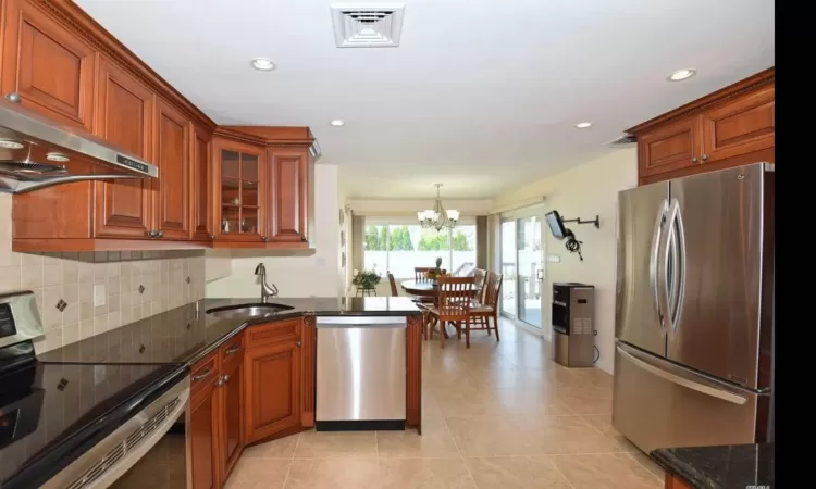 Kitchen featuring extractor fan, stainless steel appliances, a sink, visible vents, and glass insert cabinets